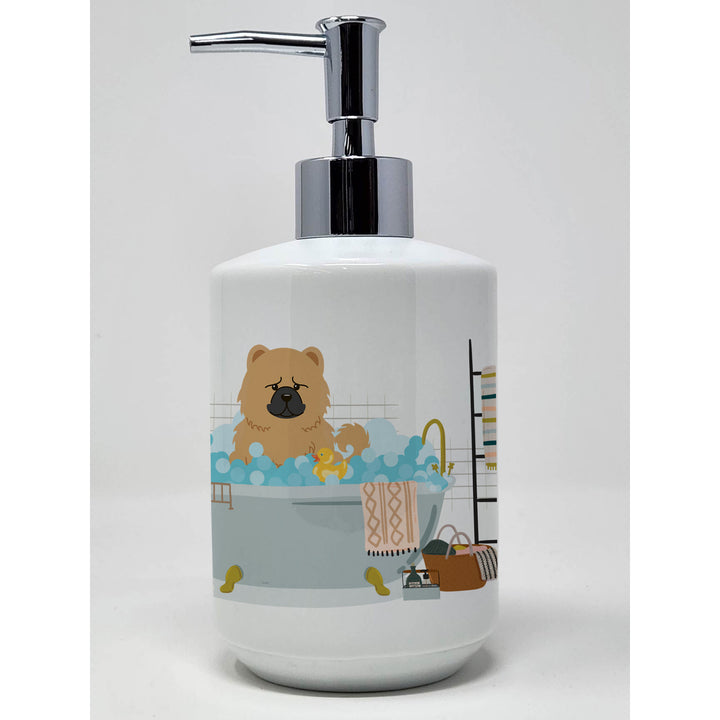 Cream Chow Chow in Bathtub Ceramic Soap Dispenser Image 1