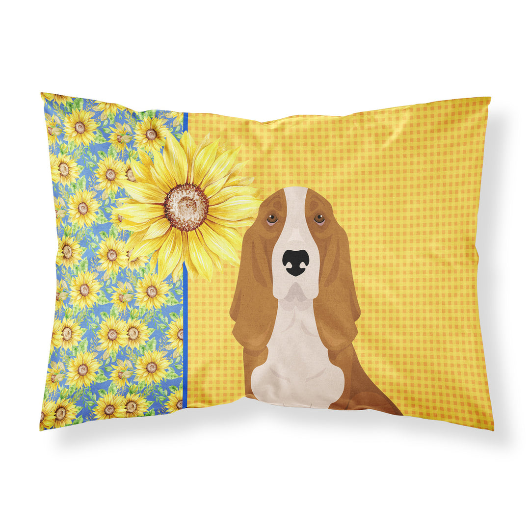 Summer Sunflowers Red and White Tricolor Basset Hound Fabric Standard Pillowcase Image 1