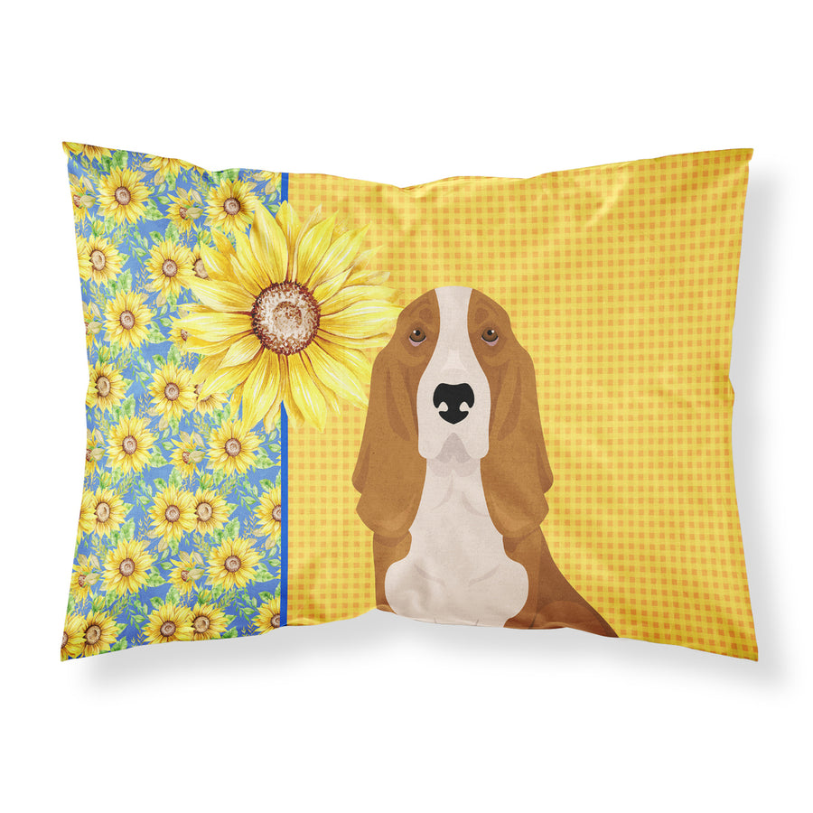 Summer Sunflowers Red and White Tricolor Basset Hound Fabric Standard Pillowcase Image 1