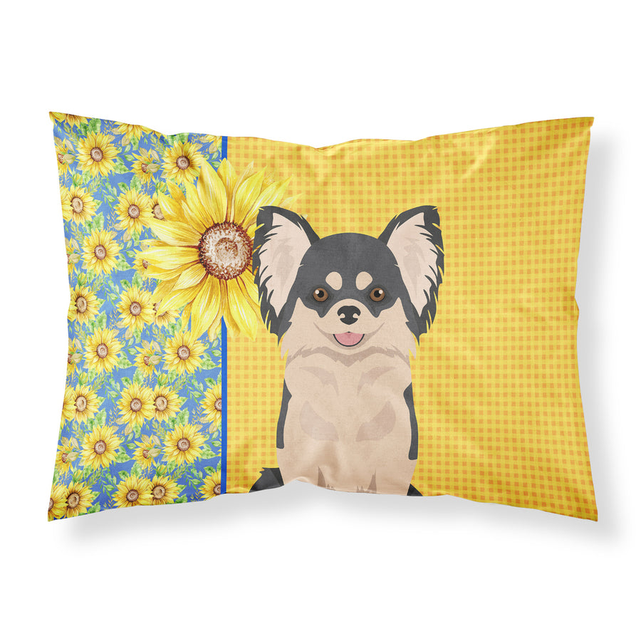 Summer Sunflowers Longhaired Black and White Chihuahua Fabric Standard Pillowcase Image 1