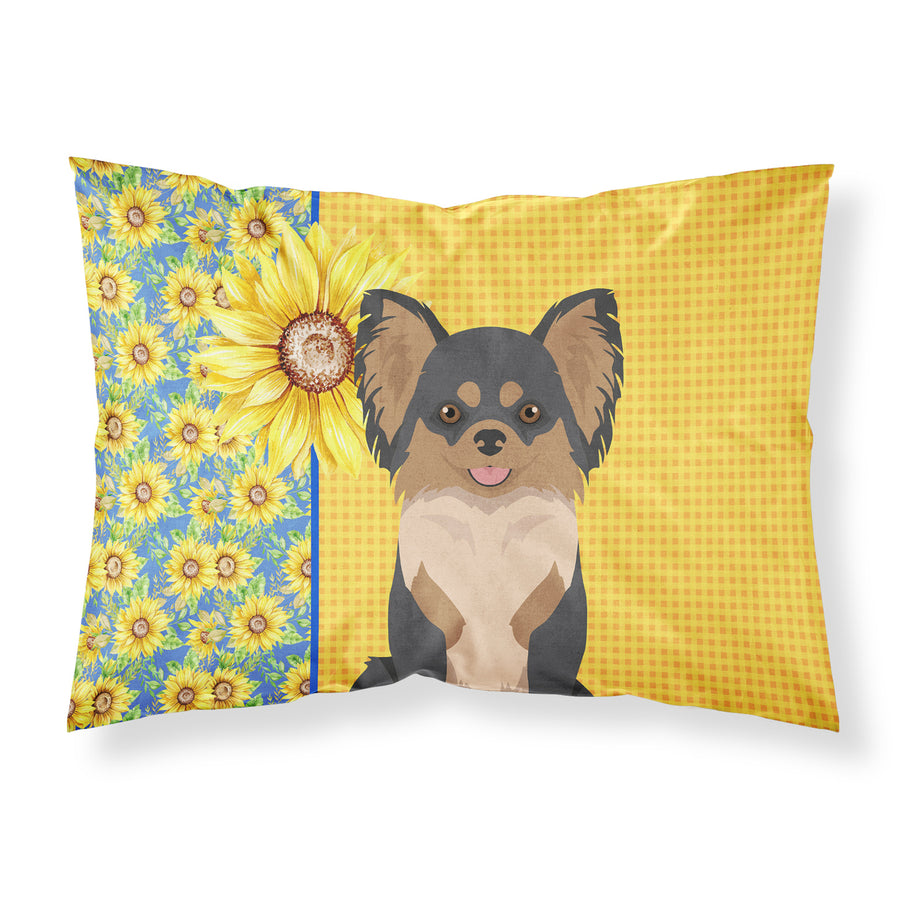 Summer Sunflowers Longhaired Black and Tan Chihuahua Fabric Standard Pillowcase Image 1