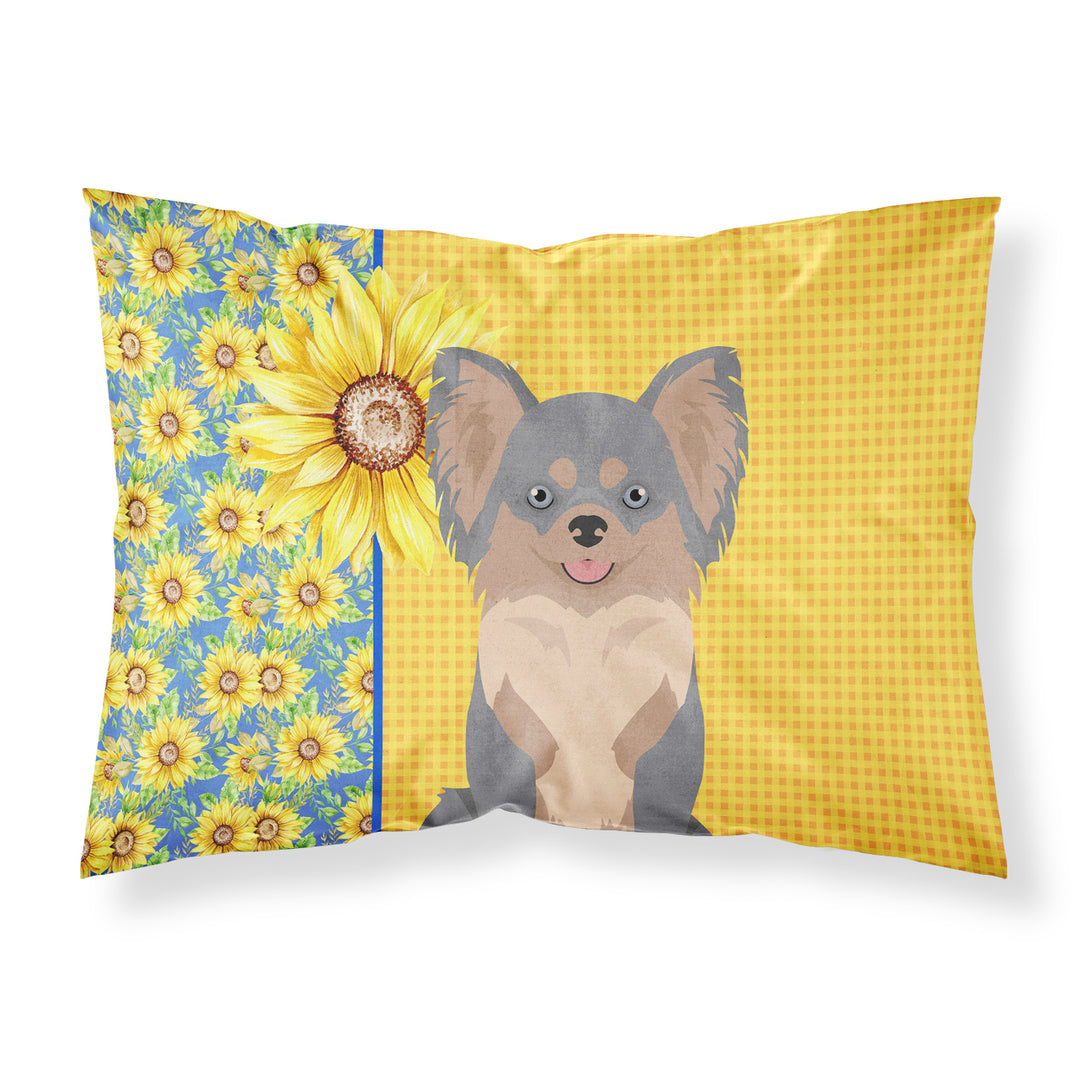 Summer Sunflowers Longhaired Blue and Tan Chihuahua Fabric Standard Pillowcase Image 1