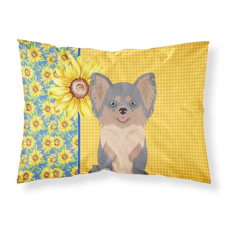 Summer Sunflowers Longhaired Blue and Tan Chihuahua Fabric Standard Pillowcase Image 1