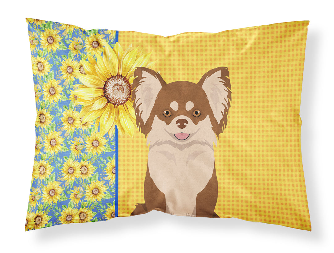 Summer Sunflowers Longhaired Chocolate and White Chihuahua Fabric Standard Pillowcase Image 1