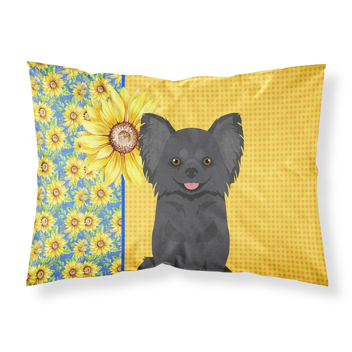 Summer Sunflowers Longhaired Black Chihuahua Fabric Standard Pillowcase Image 1