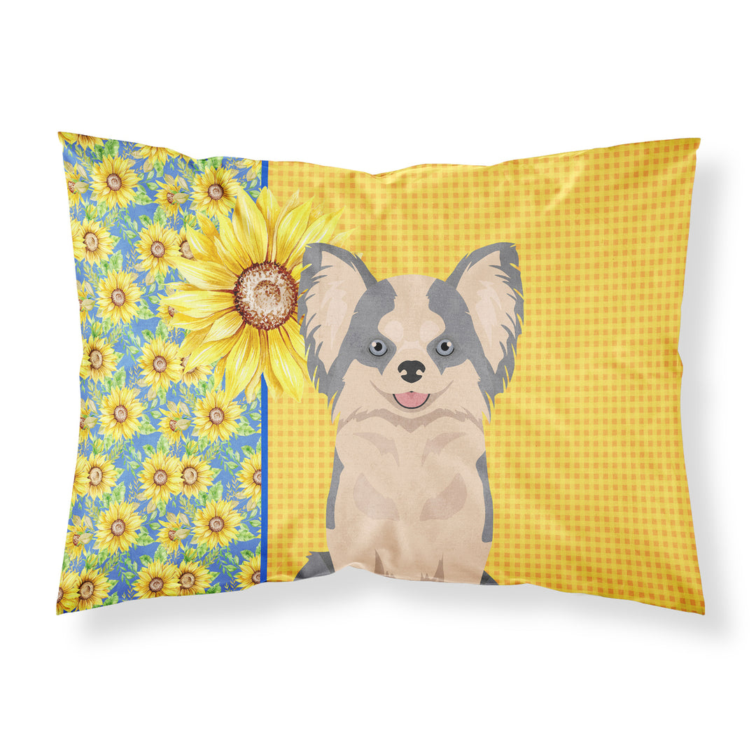 Summer Sunflowers Longhaired Blue and White Chihuahua Fabric Standard Pillowcase Image 1