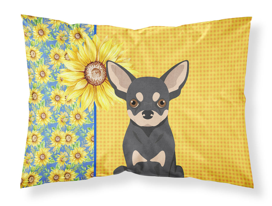 Summer Sunflowers Black and Cream Chihuahua Fabric Standard Pillowcase Image 1