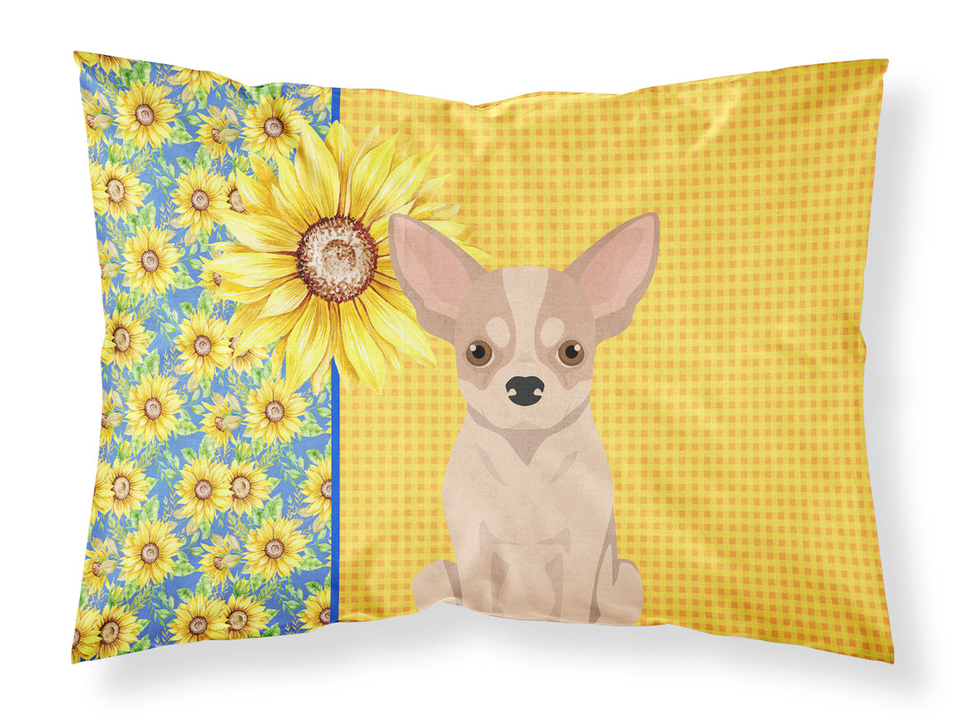 Summer Sunflowers Fawn and White Chihuahua Fabric Standard Pillowcase Image 1