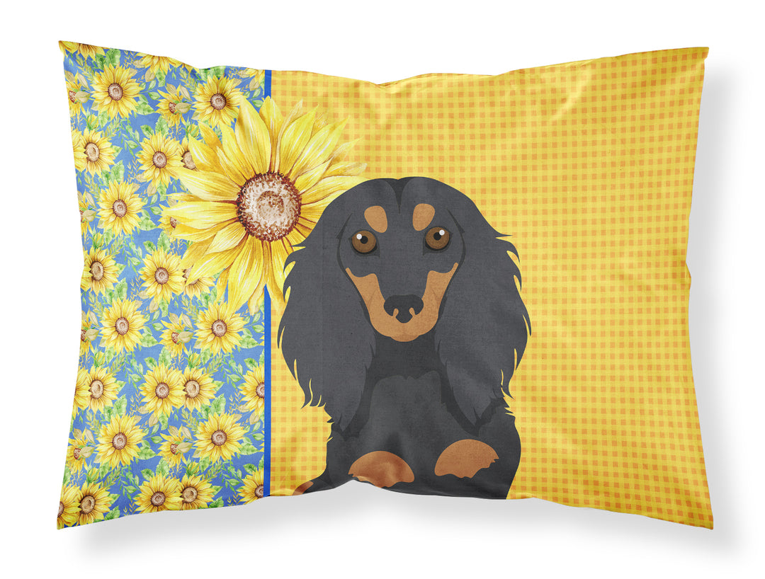 Summer Sunflowers Longhair Black and Tan Dachshund Fabric Standard Pillowcase Image 1