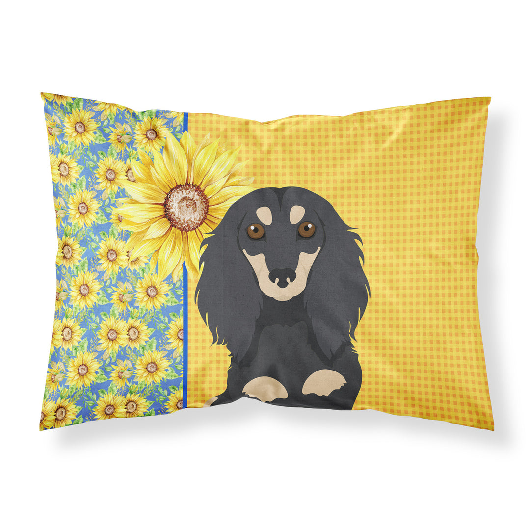 Summer Sunflowers Longhair Black and Cream Dachshund Fabric Standard Pillowcase Image 1