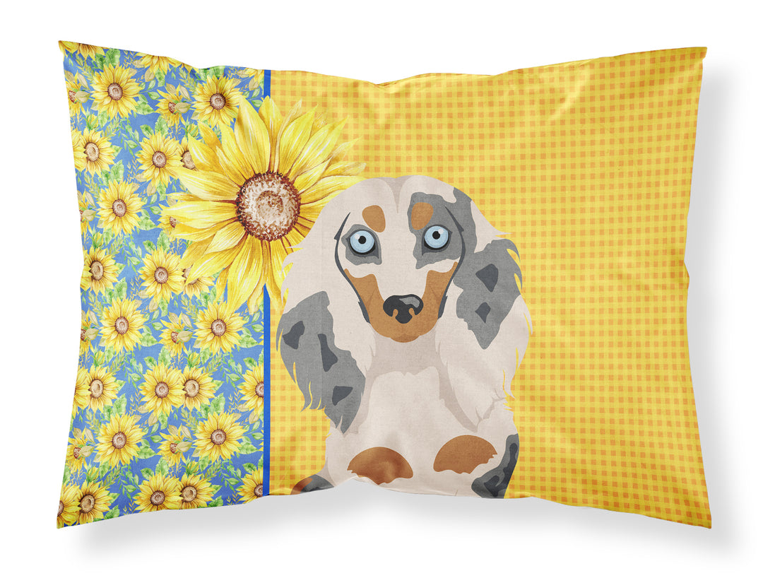 Summer Sunflowers Longhair Cream Dapple Dachshund Fabric Standard Pillowcase Image 1