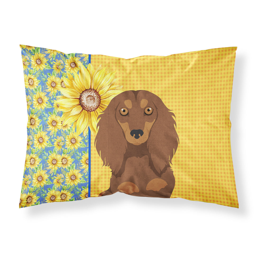 Summer Sunflowers Longhair Chocolate and Tan Dachshund Fabric Standard Pillowcase Image 1