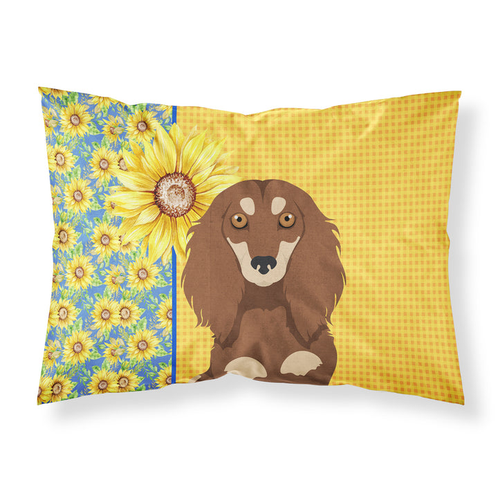 Summer Sunflowers Longhair Chocolate and Cream Dachshund Fabric Standard Pillowcase Image 1