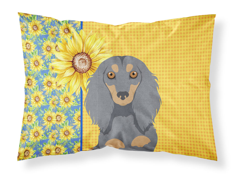 Summer Sunflowers Longhair Blue and Tan Dachshund Fabric Standard Pillowcase Image 1