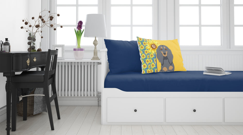 Summer Sunflowers Longhair Blue and Tan Dachshund Fabric Standard Pillowcase Image 2