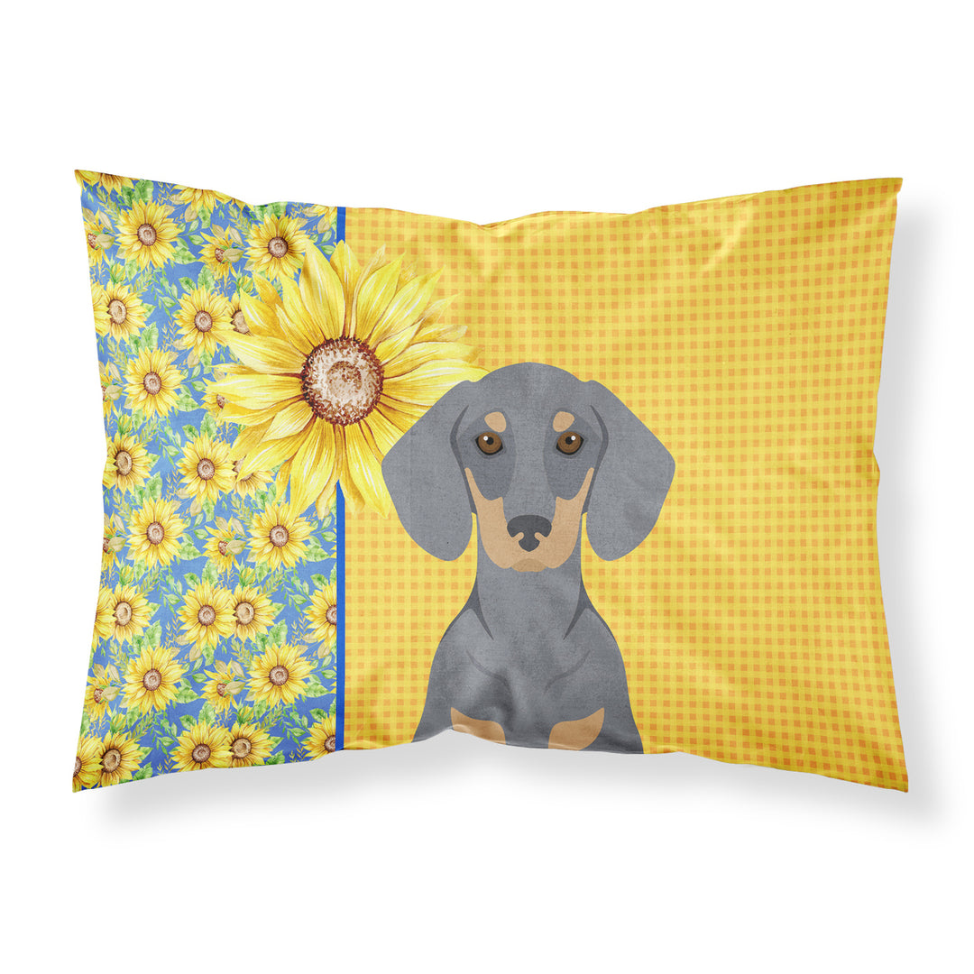 Summer Sunflowers Blue and Tan Dachshund Fabric Standard Pillowcase Image 1