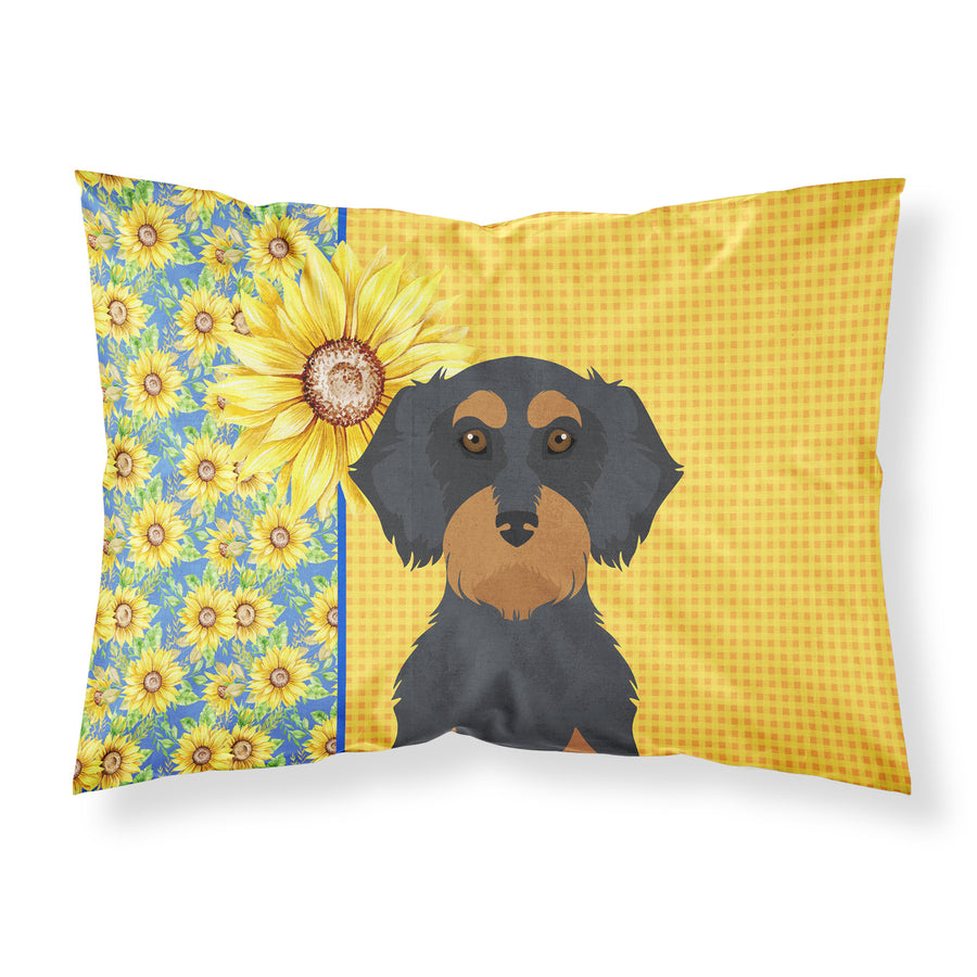 Summer Sunflowers Wirehair Black and Tan Dachshund Fabric Standard Pillowcase Image 1