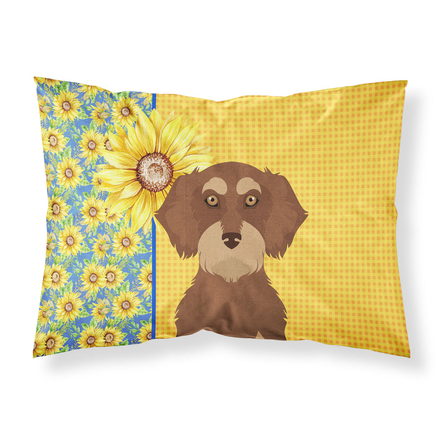 Summer Sunflowers Wirehair Red and Tan Dachshund Fabric Standard Pillowcase Image 1