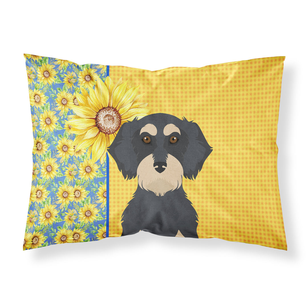 Summer Sunflowers Wirehair Black and Cream Dachshund Fabric Standard Pillowcase Image 1