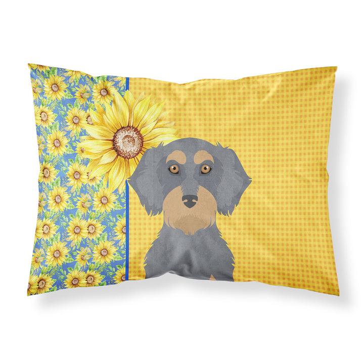 Summer Sunflowers Wirehair Blue and Tan Dachshund Fabric Standard Pillowcase Image 1