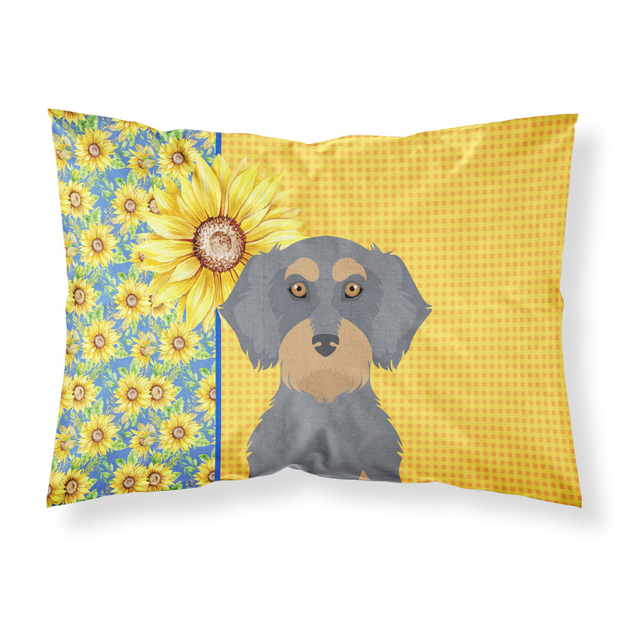 Summer Sunflowers Wirehair Blue and Tan Dachshund Fabric Standard Pillowcase Image 1