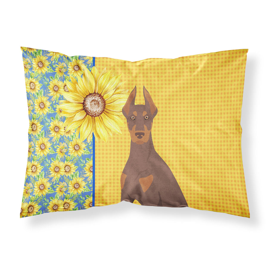 Summer Sunflowers Red and Tan Doberman Pinscher Fabric Standard Pillowcase Image 1