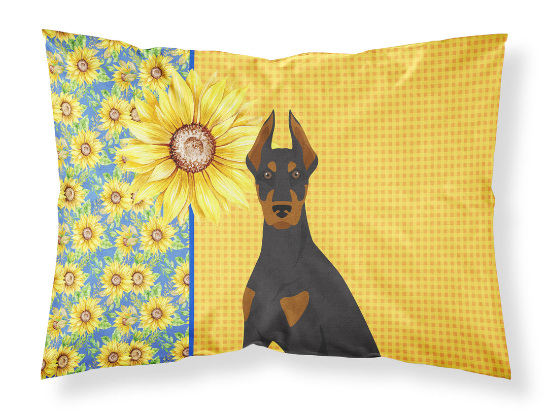 Summer Sunflowers Black and Tan Doberman Pinscher Fabric Standard Pillowcase Image 1