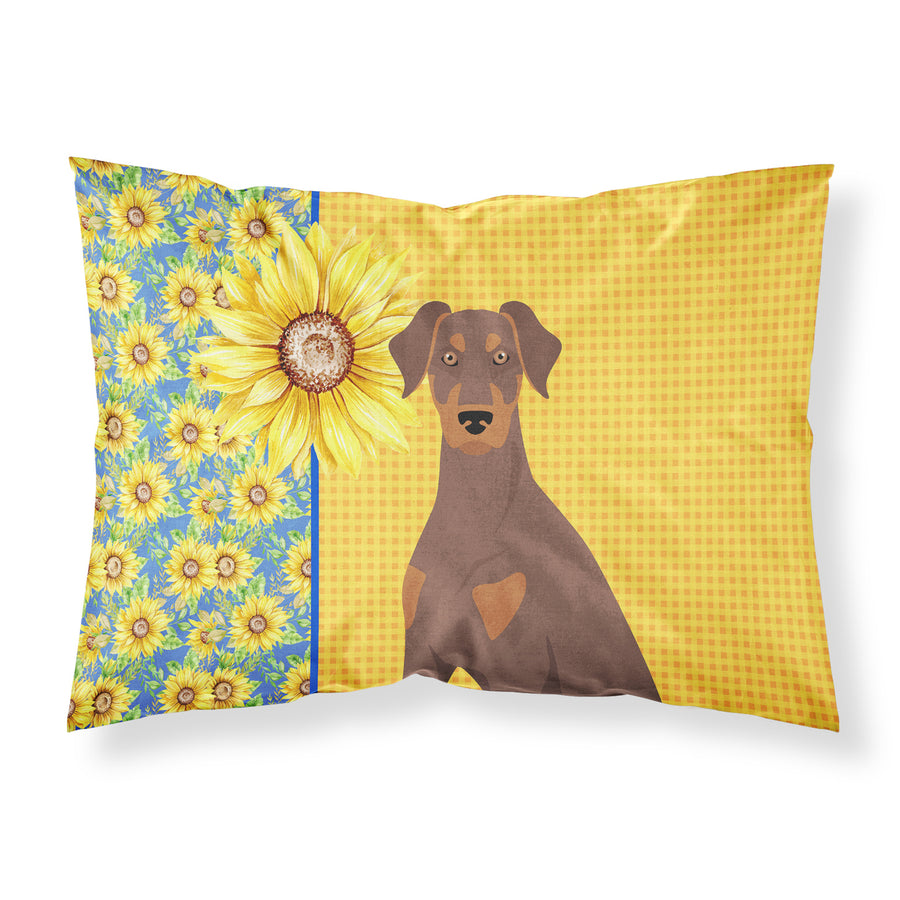 Summer Sunflowers Natural Ear Red and Tan Doberman Pinscher Fabric Standard Pillowcase Image 1