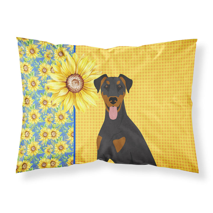 Summer Sunflowers Natural Ear Black and Tan Doberman Pinscher Fabric Standard Pillowcase Image 1