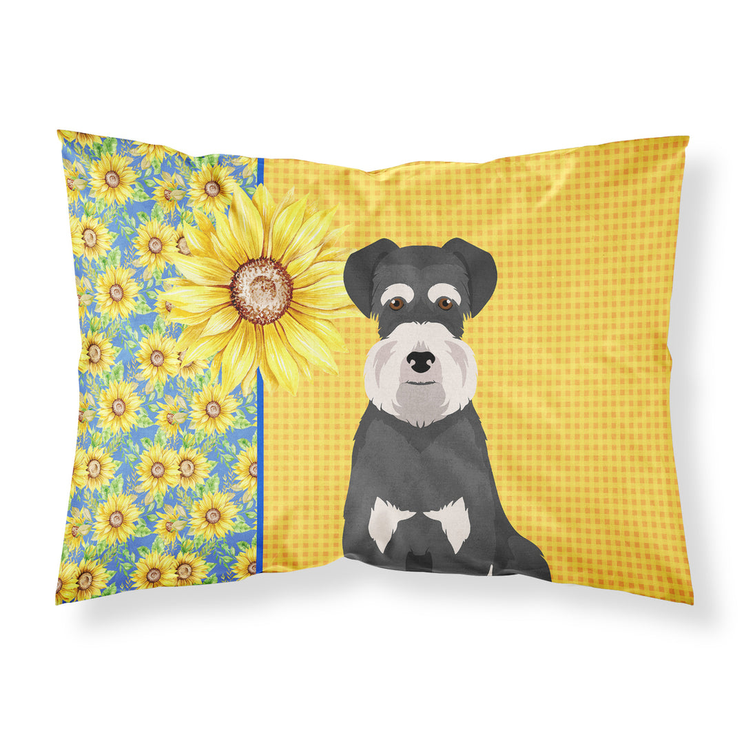 Summer Sunflowers Black and Silver Natural Ears Schnauzer Fabric Standard Pillowcase Image 1