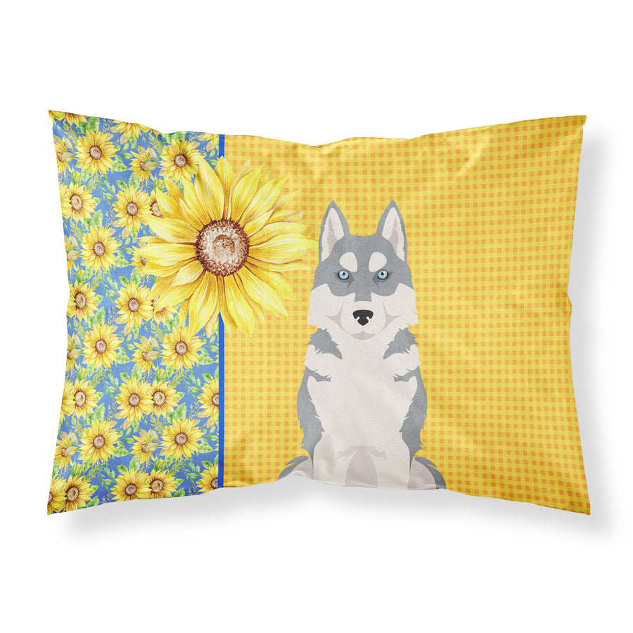 Summer Sunflowers Grey Siberian Husky Fabric Standard Pillowcase Image 1