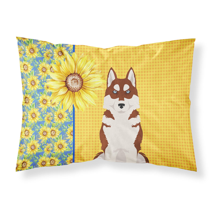 Summer Sunflowers Red Siberian Husky Fabric Standard Pillowcase Image 1