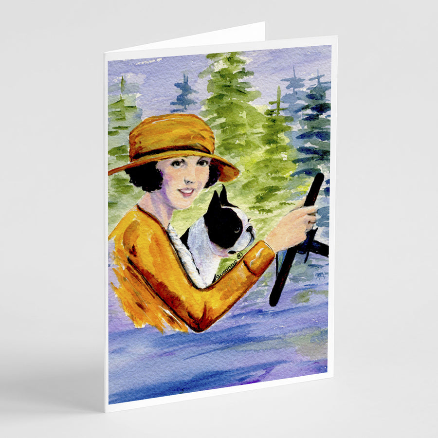 Woman driving with her Boston Terrier Greeting Cards and Envelopes Pack of 8 Image 1