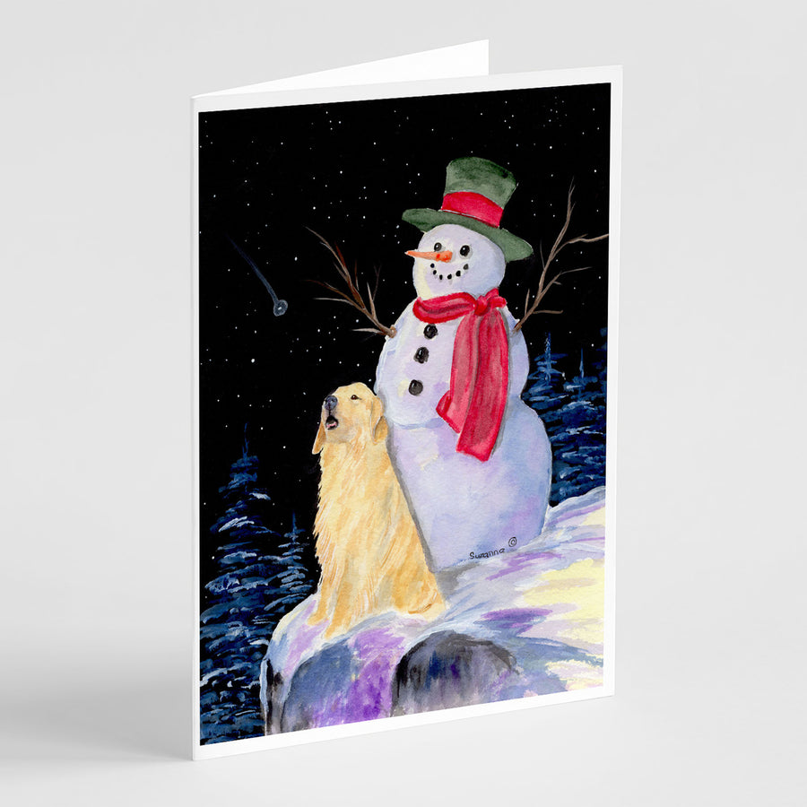 Snowman with Golden Retriever Greeting Cards and Envelopes Pack of 8 Image 1