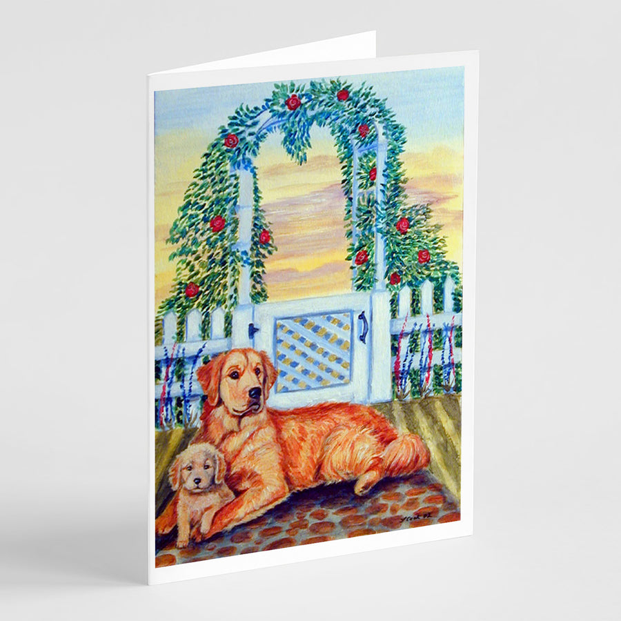 Golden Retriever and puppy at the fence Greeting Cards and Envelopes Pack of 8 Image 1