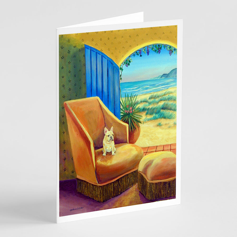 French Bulldog at the beach cottage Greeting Cards and Envelopes Pack of 8 Image 1