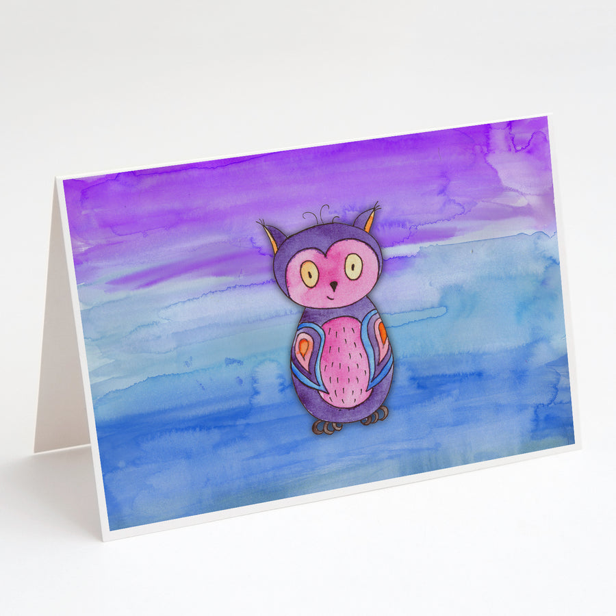 Pink and Purple Owl Watercolor Greeting Cards and Envelopes Pack of 8 Image 1