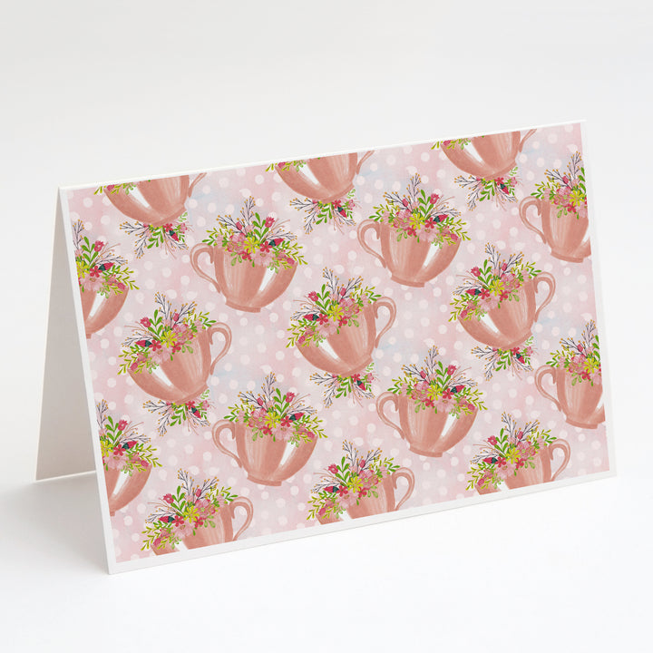 Tea Cup and Flowers Pink Greeting Cards and Envelopes Pack of 8 Image 1