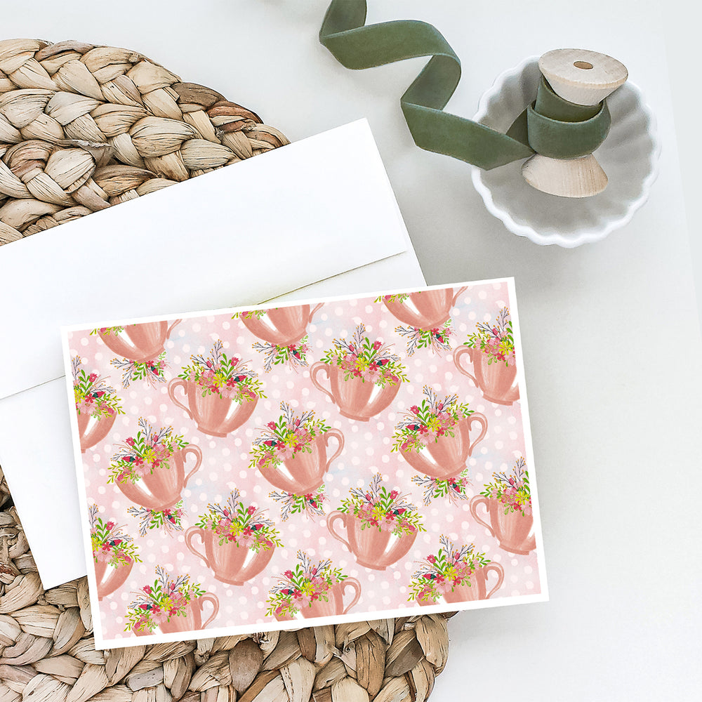 Tea Cup and Flowers Pink Greeting Cards and Envelopes Pack of 8 Image 2