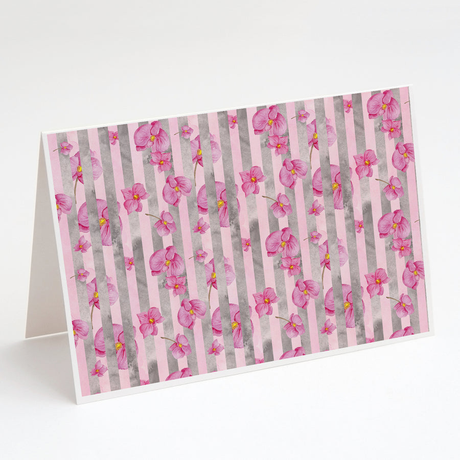 Watercolor Pink Flowers Grey Stripes Greeting Cards and Envelopes Pack of 8 Image 1