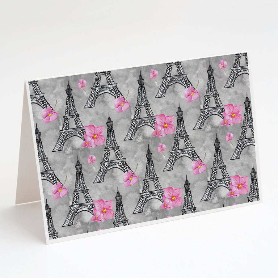 Watercolor Pink Flowers Eiffel Tower Greeting Cards and Envelopes Pack of 8 Image 1