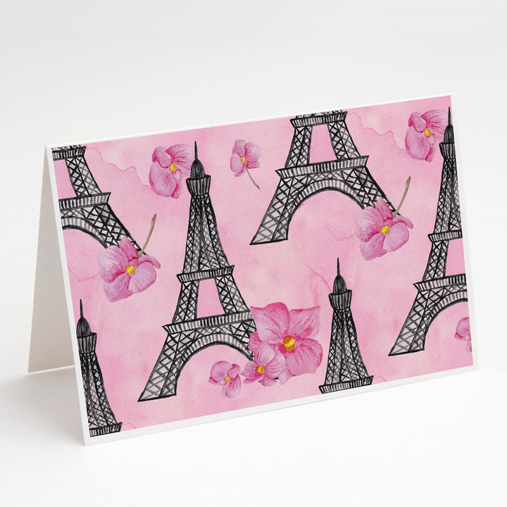 Watercolor Pink Flowers and Eiffel Tower Greeting Cards and Envelopes Pack of 8 Image 1