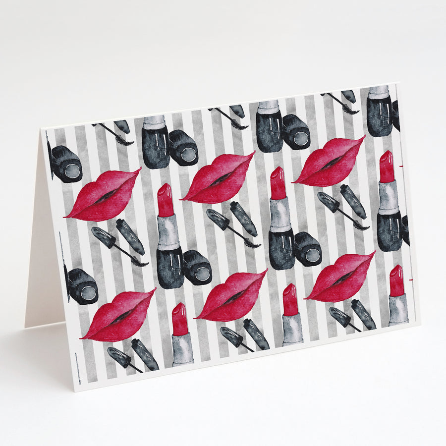 Watercolor Lipstick and Grey Stripes Greeting Cards and Envelopes Pack of 8 Image 1