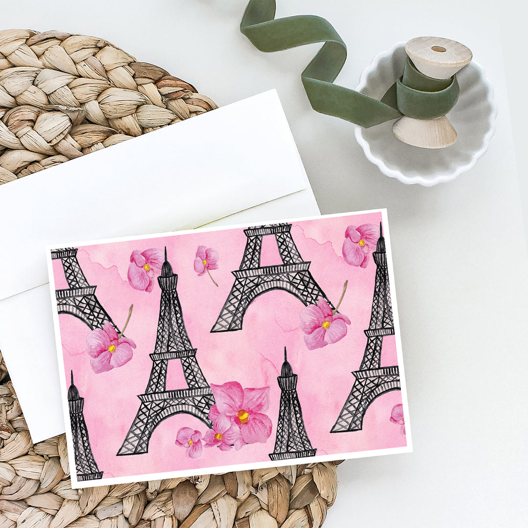 Watercolor Pink Flowers and Eiffel Tower Greeting Cards and Envelopes Pack of 8 Image 2