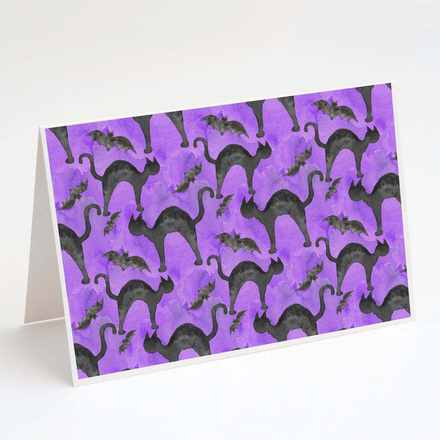 Watecolor Halloween Black Cats on Purple Greeting Cards and Envelopes Pack of 8 Image 1