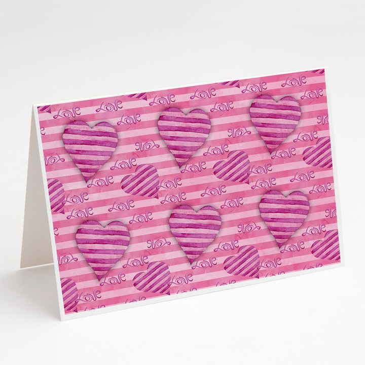 Watercolor Hot Pink Striped Hearts Greeting Cards and Envelopes Pack of 8 Image 1