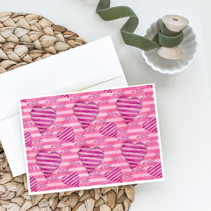 Watercolor Hot Pink Striped Hearts Greeting Cards and Envelopes Pack of 8 Image 2