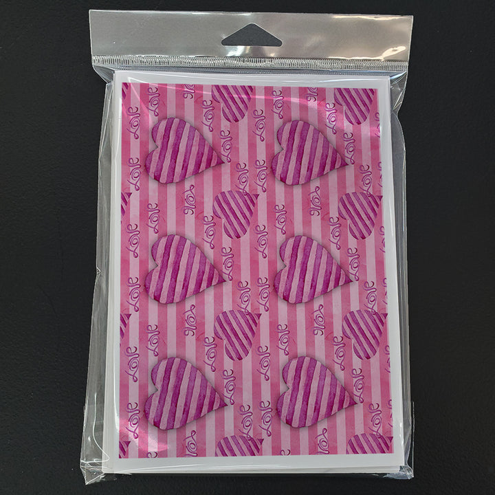 Watercolor Hot Pink Striped Hearts Greeting Cards and Envelopes Pack of 8 Image 3