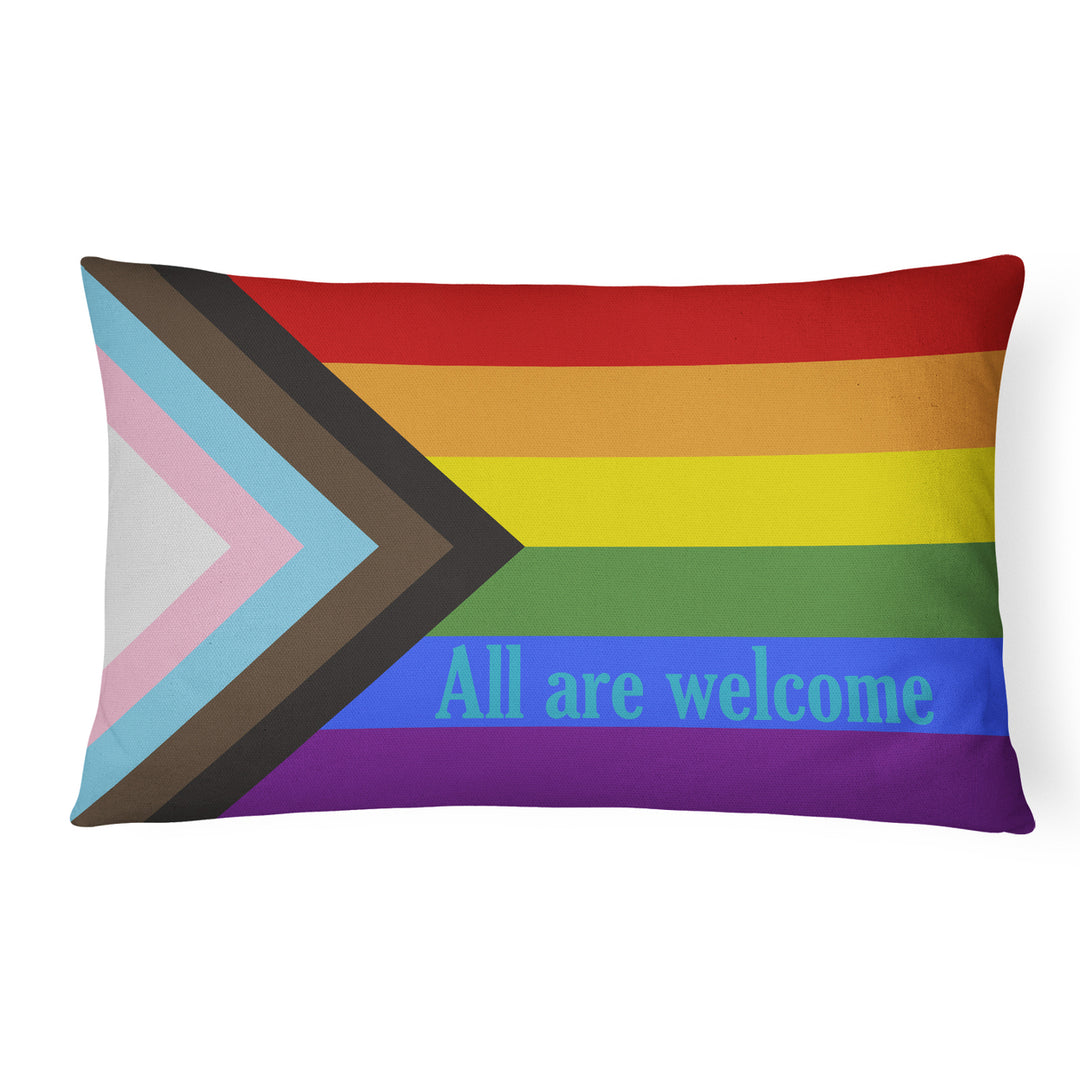 Gay Pride Progress Pride All are Welcome Canvas Fabric Decorative Pillow Image 1