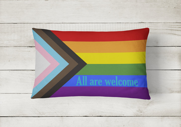 Gay Pride Progress Pride All are Welcome Canvas Fabric Decorative Pillow Image 2